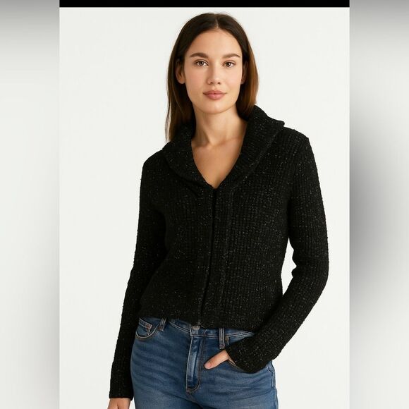 J. crew Handknit Lambswool Black Silver Blazer Style Hook and Loop Cardigan M - Picture 1 of 9